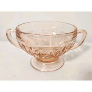 Vtg Federal Glass Sharon Cabbage Rose Pink Open Sugar Bowl Depression Glass USA‎